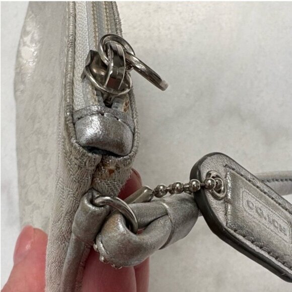 Coach Signature Jacquad Metallic (Silver) With Leather Trim Wristlet - Picture 6 of 9